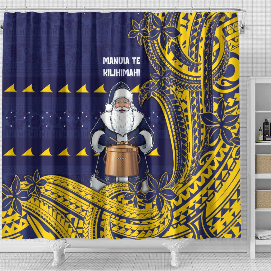 Tokelau Christmas Shower Curtain Santa With Tuluma Xmas Tribal Waves - Polynesian Pride