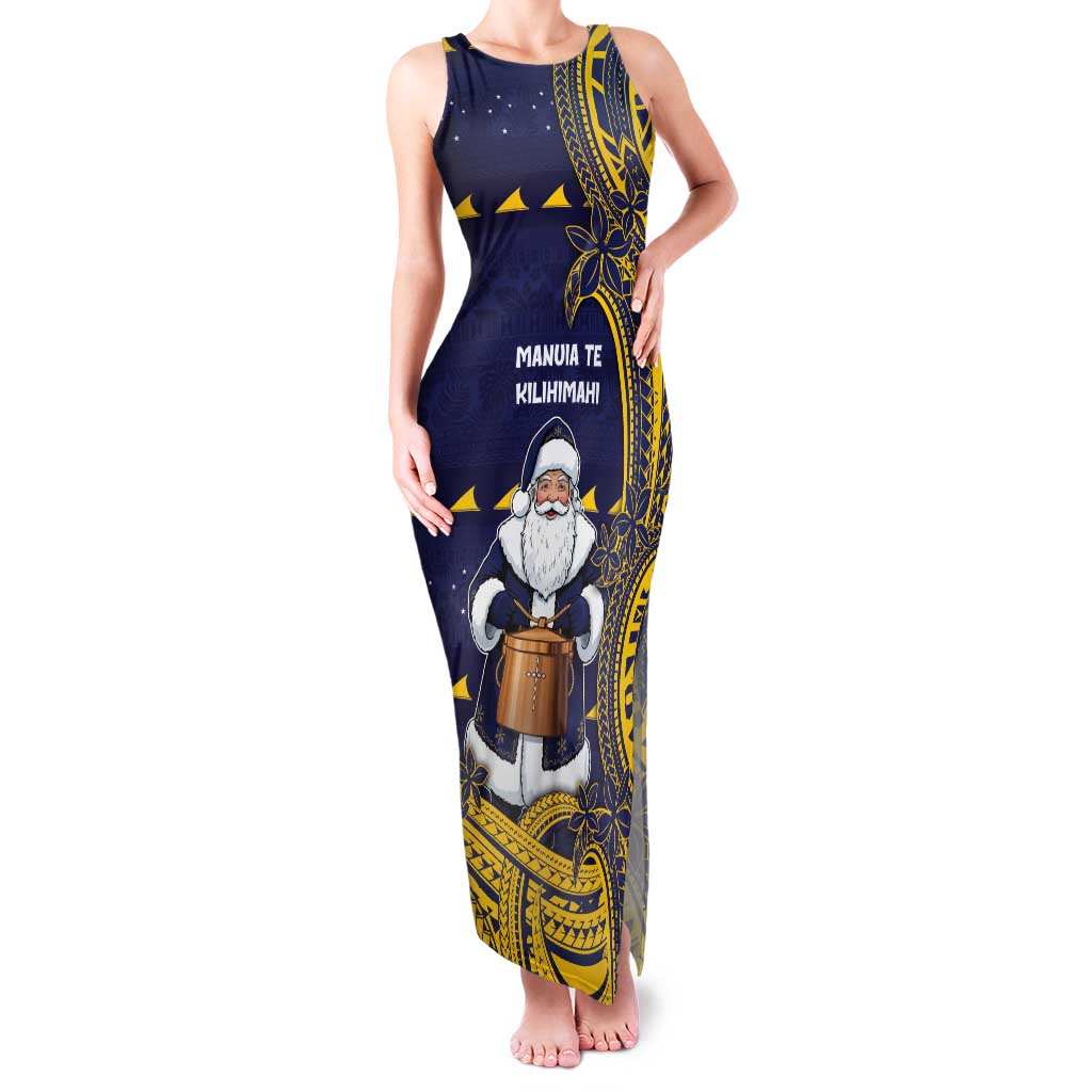Tokelau Christmas Tank Maxi Dress Santa With Tuluma Xmas Tribal Waves DT05 Women Navy - Polynesian Pride