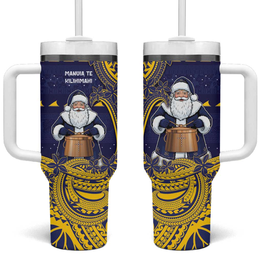 Tokelau Christmas Tumbler With Handle Santa With Tuluma Xmas Tribal Waves - Polynesian Pride