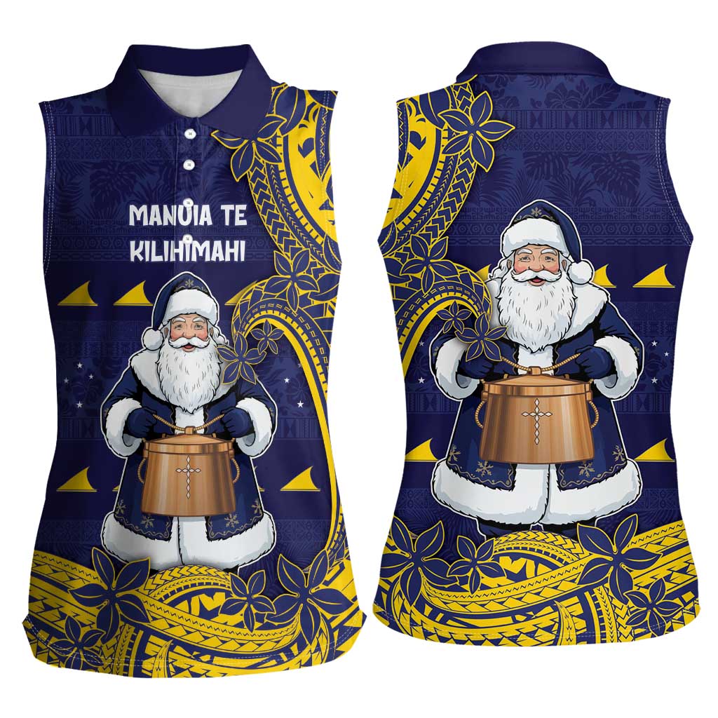 Tokelau Christmas Women Sleeveless Polo Shirt Santa With Tuluma Xmas Tribal Waves - Polynesian Pride