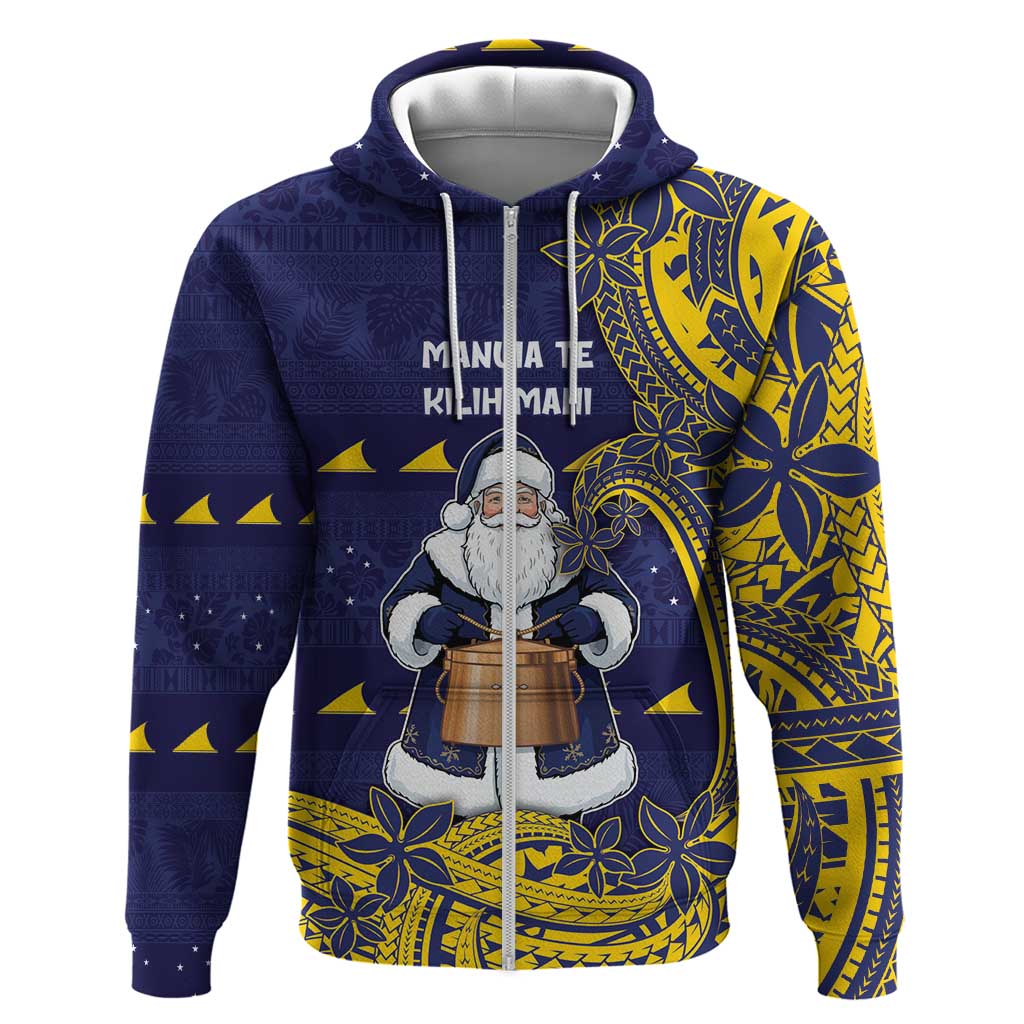 Tokelau Christmas Zip Hoodie Santa With Tuluma Xmas Tribal Waves DT05 Zip Hoodie Navy - Polynesian Pride