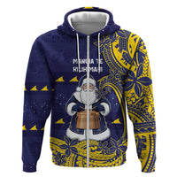 Tokelau Christmas Zip Hoodie Santa With Tuluma Xmas Tribal Waves DT05 Zip Hoodie Navy - Polynesian Pride