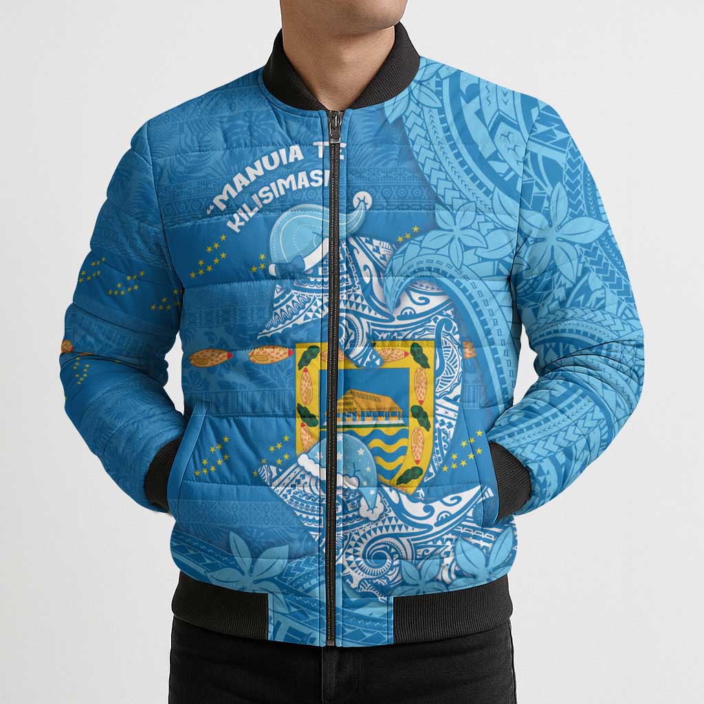 Tuvalu Christmas Bomber Puffer Jacket Dolphins Santa Xmas Tribal Waves - Polynesian Pride