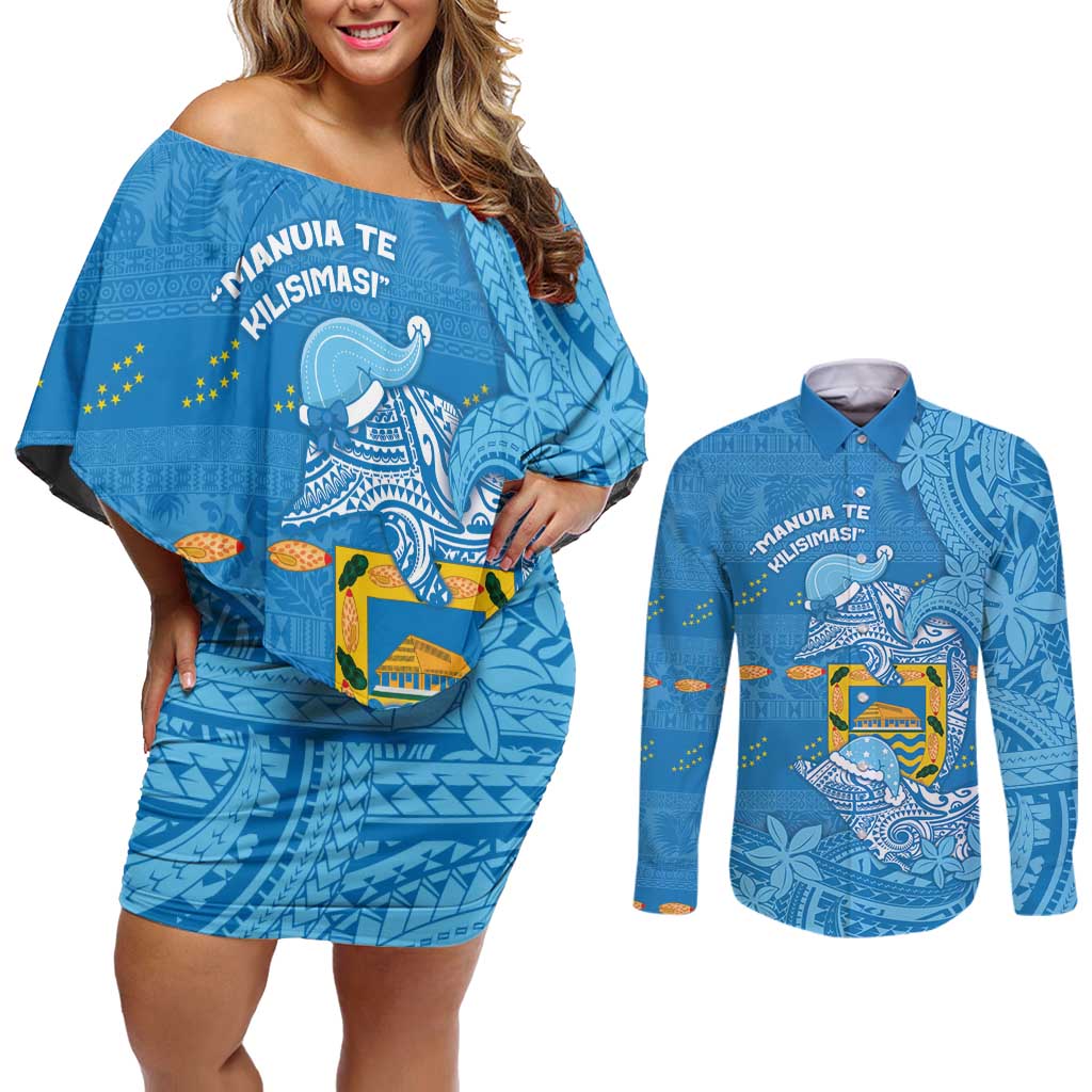 Tuvalu Christmas Couples Matching Off Shoulder Short Dress and Long Sleeve Button Shirt Dolphins Santa Xmas Tribal Waves - Polynesian Pride