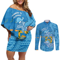 Tuvalu Christmas Couples Matching Off Shoulder Short Dress and Long Sleeve Button Shirt Dolphins Santa Xmas Tribal Waves - Polynesian Pride