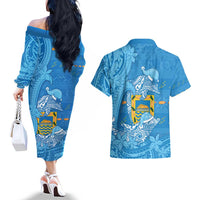Tuvalu Christmas Couples Matching Off The Shoulder Long Sleeve Dress and Hawaiian Shirt Dolphins Santa Xmas Tribal Waves - Polynesian Pride