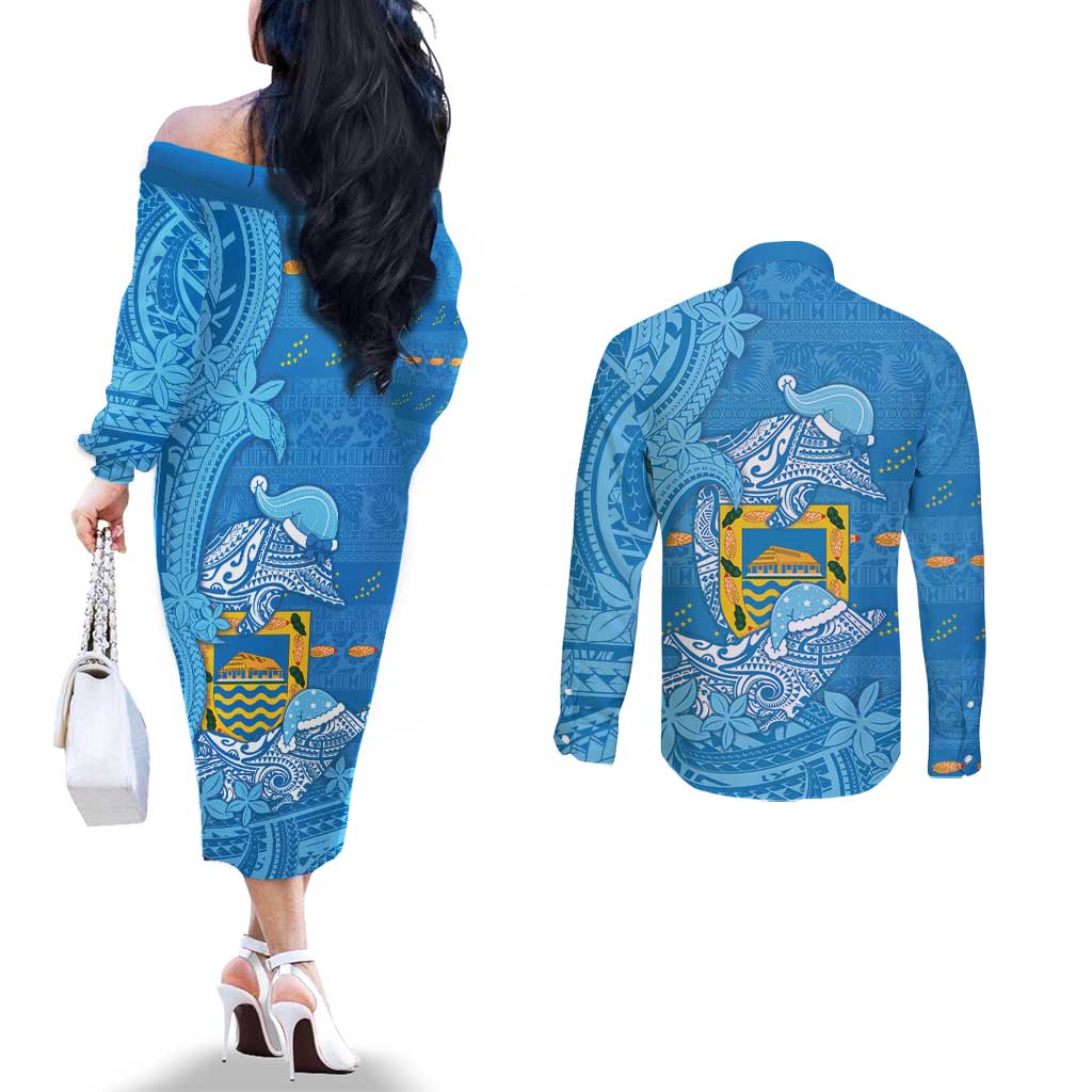 Tuvalu Christmas Couples Matching Off The Shoulder Long Sleeve Dress and Long Sleeve Button Shirt Dolphins Santa Xmas Tribal Waves - Polynesian Pride