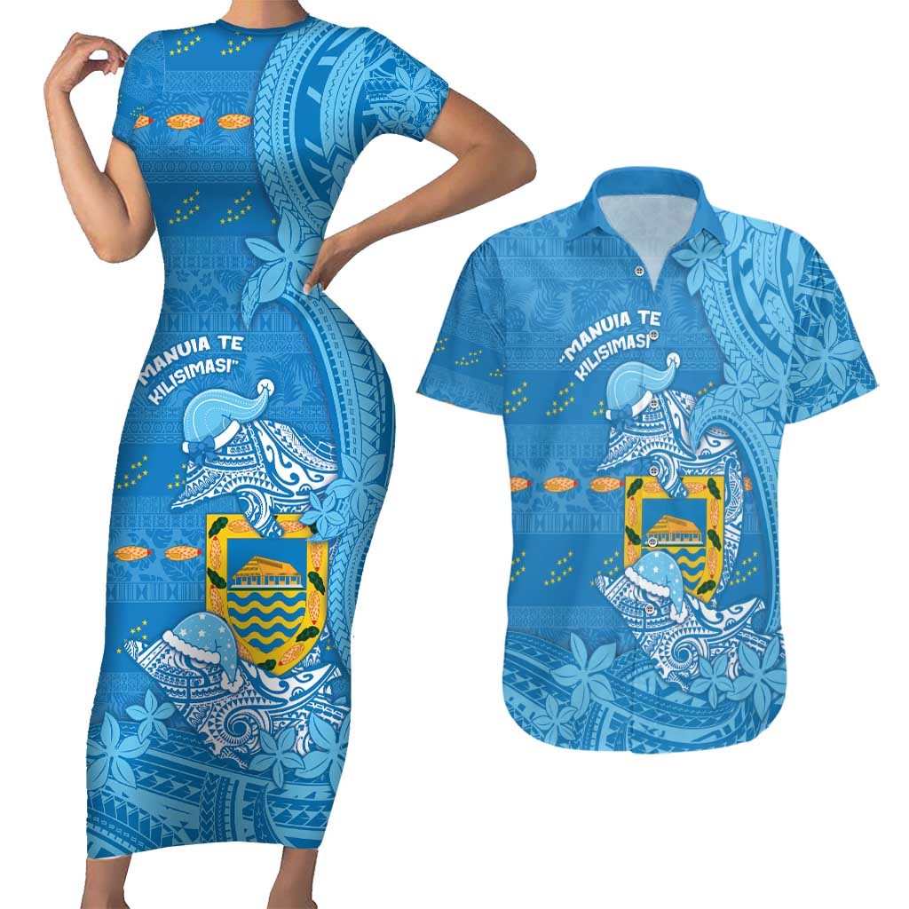 Tuvalu Christmas Couples Matching Short Sleeve Bodycon Dress and Hawaiian Shirt Dolphins Santa Xmas Tribal Waves - Polynesian Pride