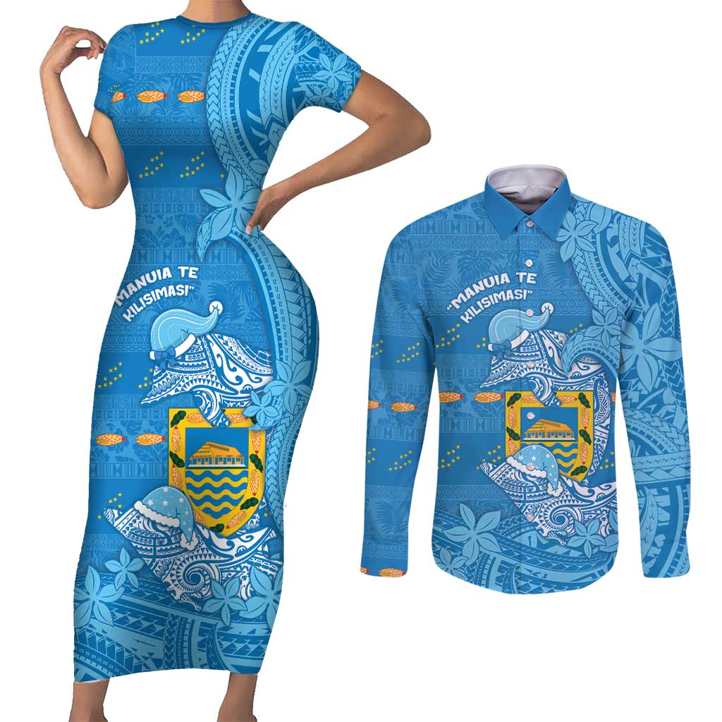 Tuvalu Christmas Couples Matching Short Sleeve Bodycon Dress and Long Sleeve Button Shirt Dolphins Santa Xmas Tribal Waves - Polynesian Pride