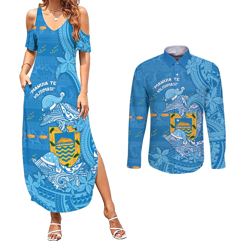 Tuvalu Christmas Couples Matching Summer Maxi Dress and Long Sleeve Button Shirt Dolphins Santa Xmas Tribal Waves - Polynesian Pride