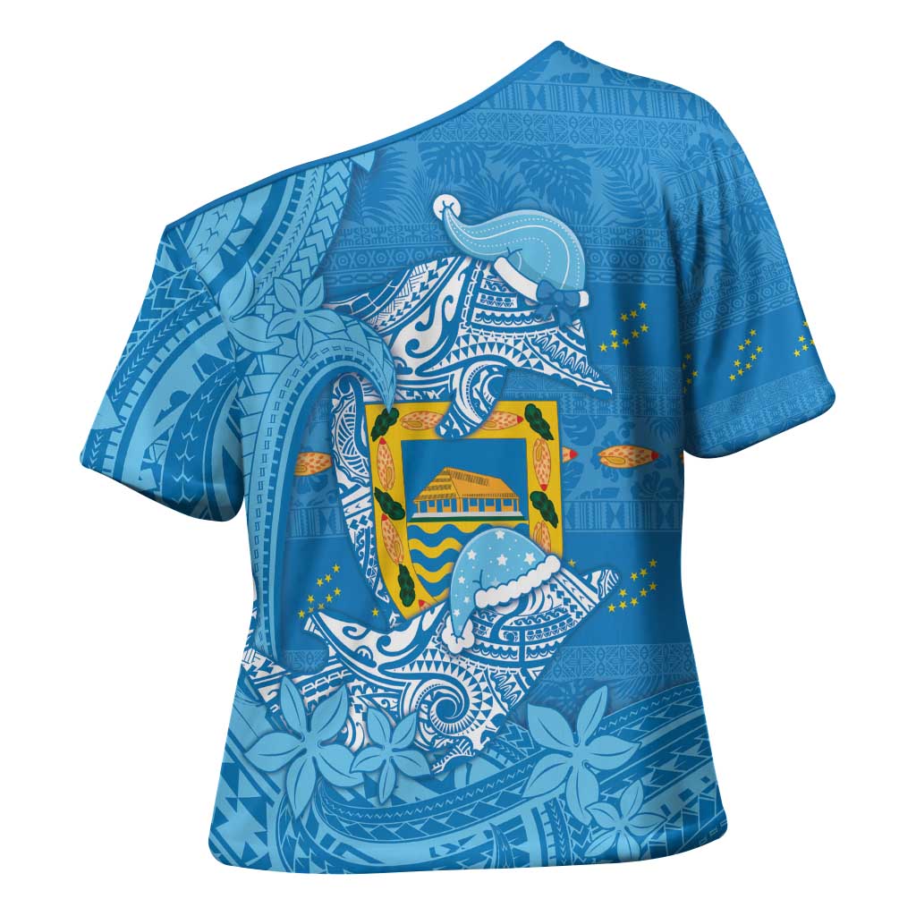 Tuvalu Christmas Cross Shoulder Shirt Dolphins Santa Xmas Tribal Waves - Polynesian Pride