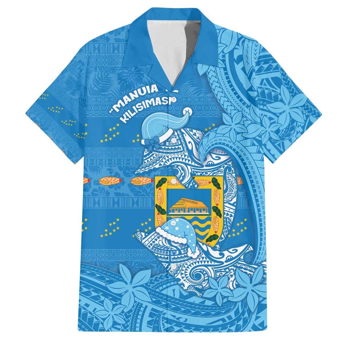 Tuvalu Christmas Family Matching Off The Shoulder Long Sleeve Dress and Hawaiian Shirt Dolphins Santa Xmas Tribal Waves - Polynesian Pride