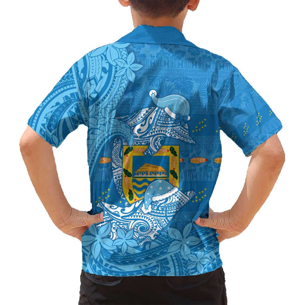 Tuvalu Christmas Family Matching Off Shoulder Short Dress and Hawaiian Shirt Dolphins Santa Xmas Tribal Waves - Polynesian Pride