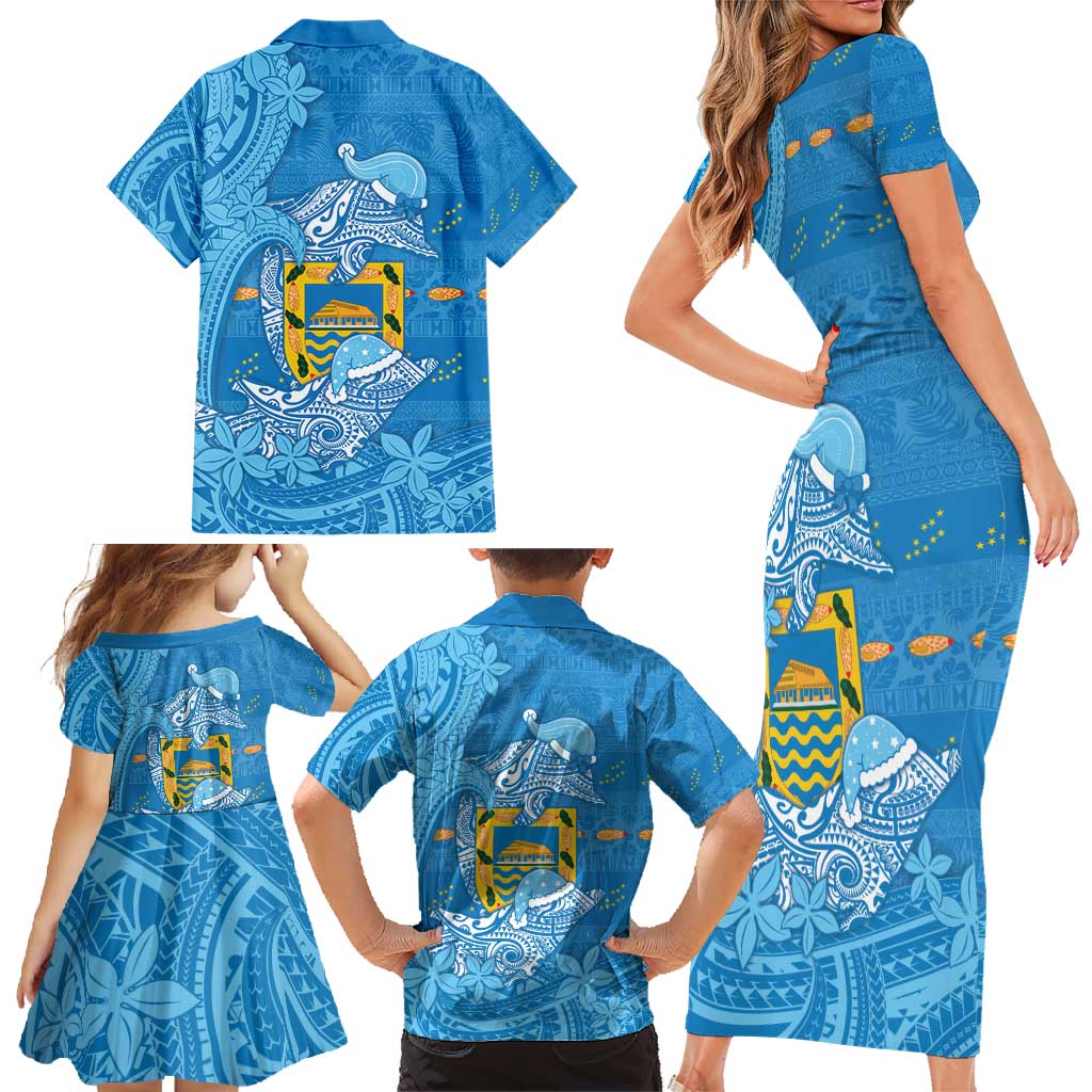 Tuvalu Christmas Family Matching Short Sleeve Bodycon Dress and Hawaiian Shirt Dolphins Santa Xmas Tribal Waves - Polynesian Pride
