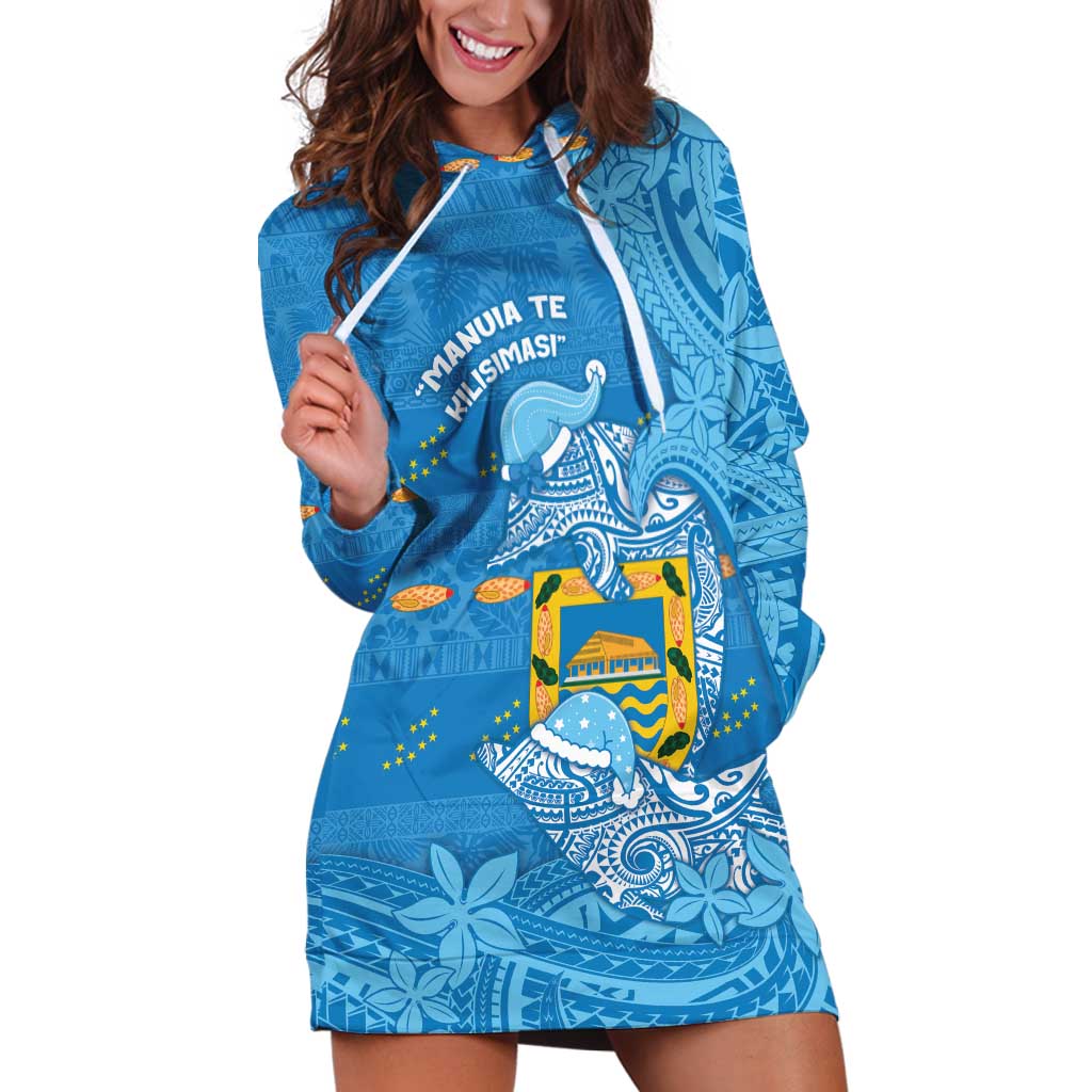 Tuvalu Christmas Hoodie Dress Dolphins Santa Xmas Tribal Waves DT05 Blue - Polynesian Pride
