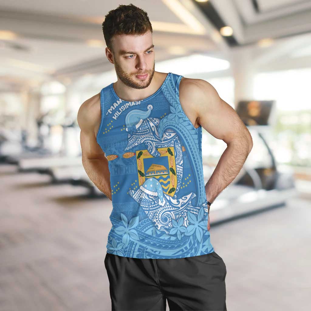 Tuvalu Christmas Men Tank Top Dolphins Santa Xmas Tribal Waves DT05 Blue - Polynesian Pride