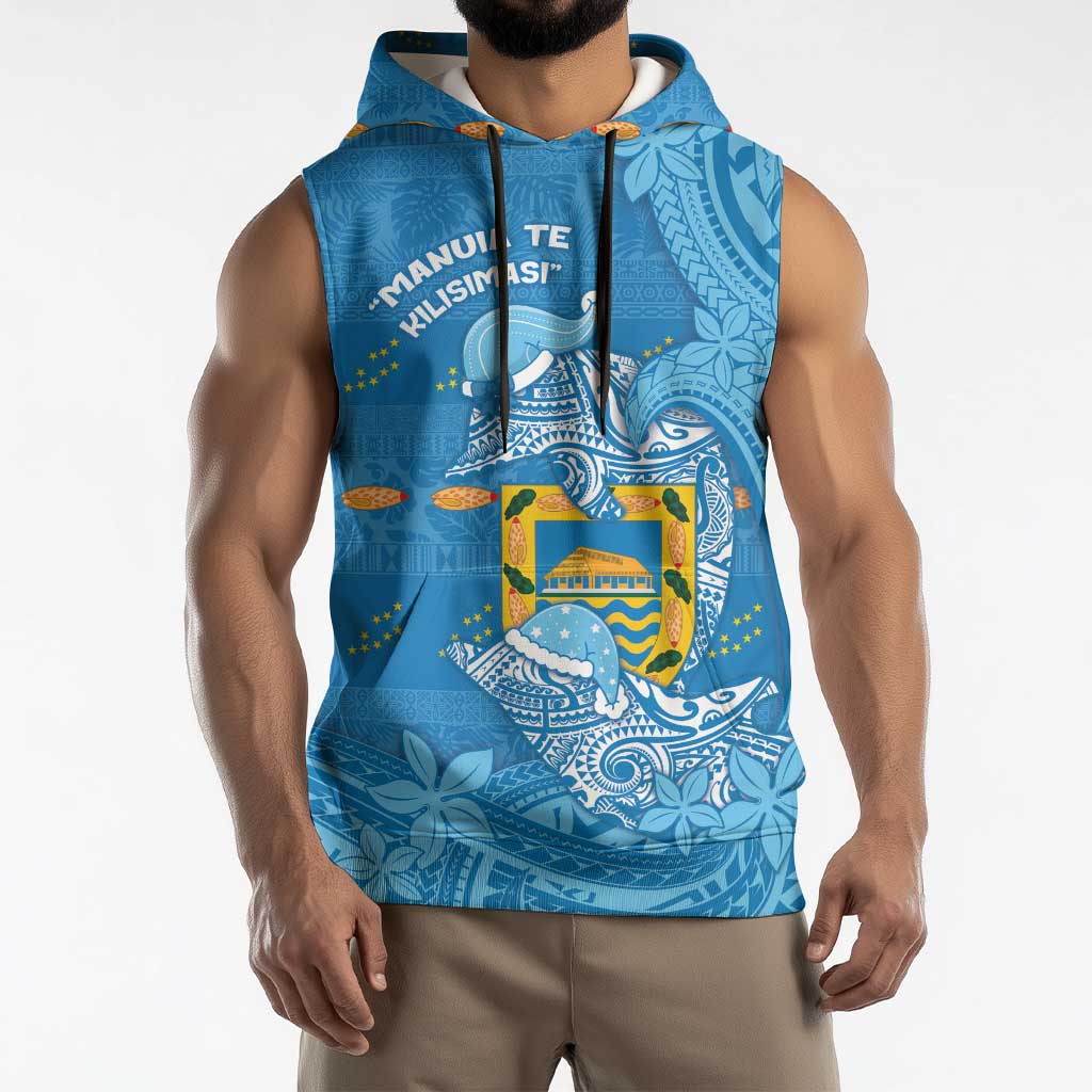 Tuvalu Christmas Sleeveless Hoodie Dolphins Santa Xmas Tribal Waves - Polynesian Pride