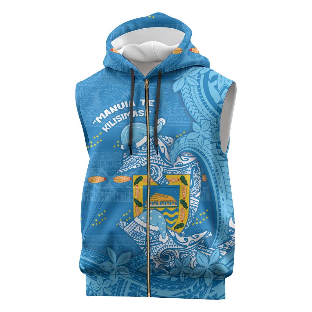 Tuvalu Christmas Sleeveless Zip Hoodie Dolphins Santa Xmas Tribal Waves - Polynesian Pride