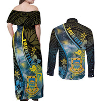 Personalised Tuvalu Couples Matching Off Shoulder Maxi Dress and Long Sleeve Button Shirt Dolphin On The Waves
