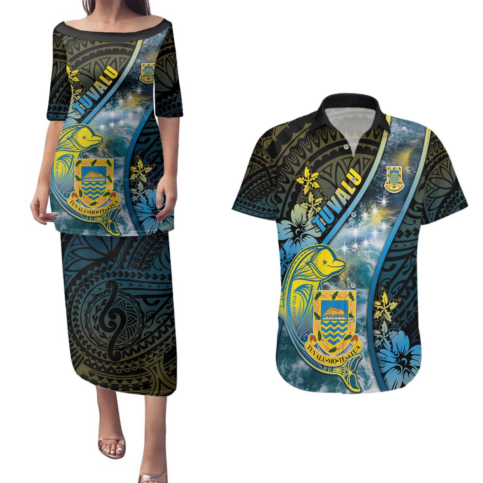 Personalised Tuvalu Couples Matching Puletasi and Hawaiian Shirt Dolphin On The Waves