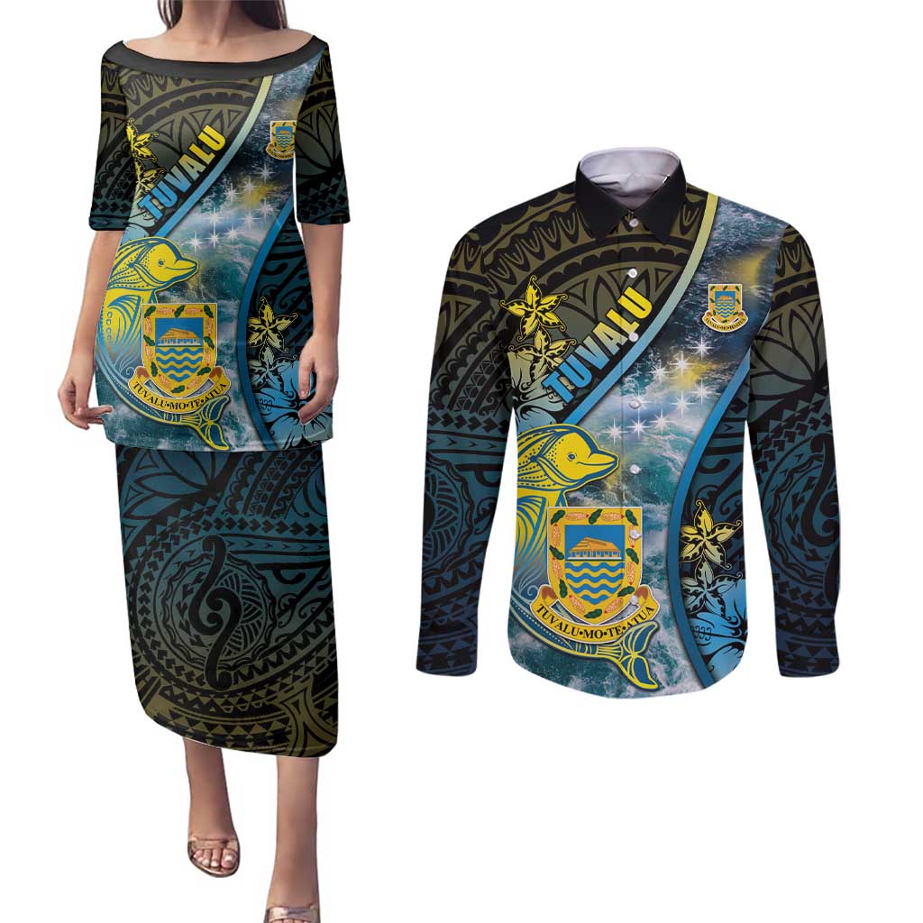 Personalised Tuvalu Couples Matching Puletasi and Long Sleeve Button Shirt Dolphin On The Waves