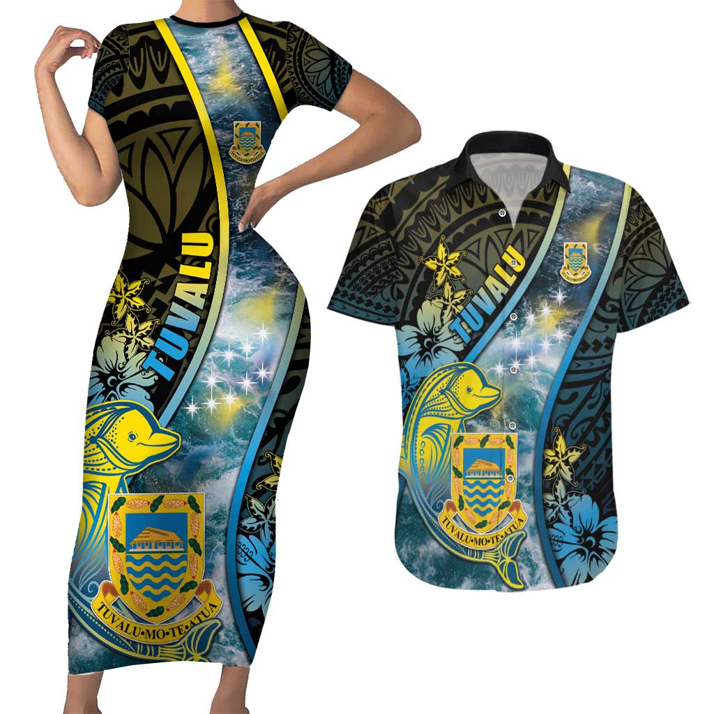 Personalised Tuvalu Couples Matching Short Sleeve Bodycon Dress and Hawaiian Shirt Dolphin On The Waves