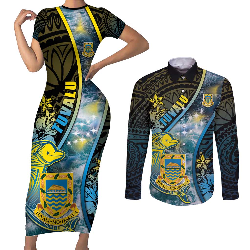 Personalised Tuvalu Couples Matching Short Sleeve Bodycon Dress and Long Sleeve Button Shirt Dolphin On The Waves