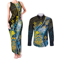 Personalised Tuvalu Couples Matching Tank Maxi Dress and Long Sleeve Button Shirt Dolphin On The Waves