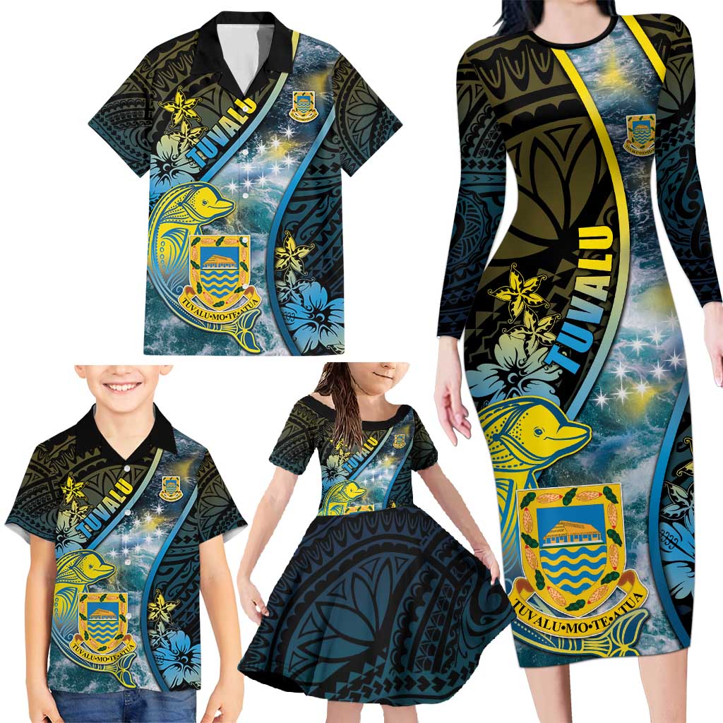 Personalised Tuvalu Family Matching Long Sleeve Bodycon Dress and Hawaiian Shirt Dolphin On The Waves