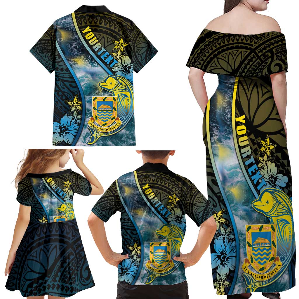 Personalised Tuvalu Family Matching Off Shoulder Maxi Dress and Hawaiian Shirt Dolphin On The Waves
