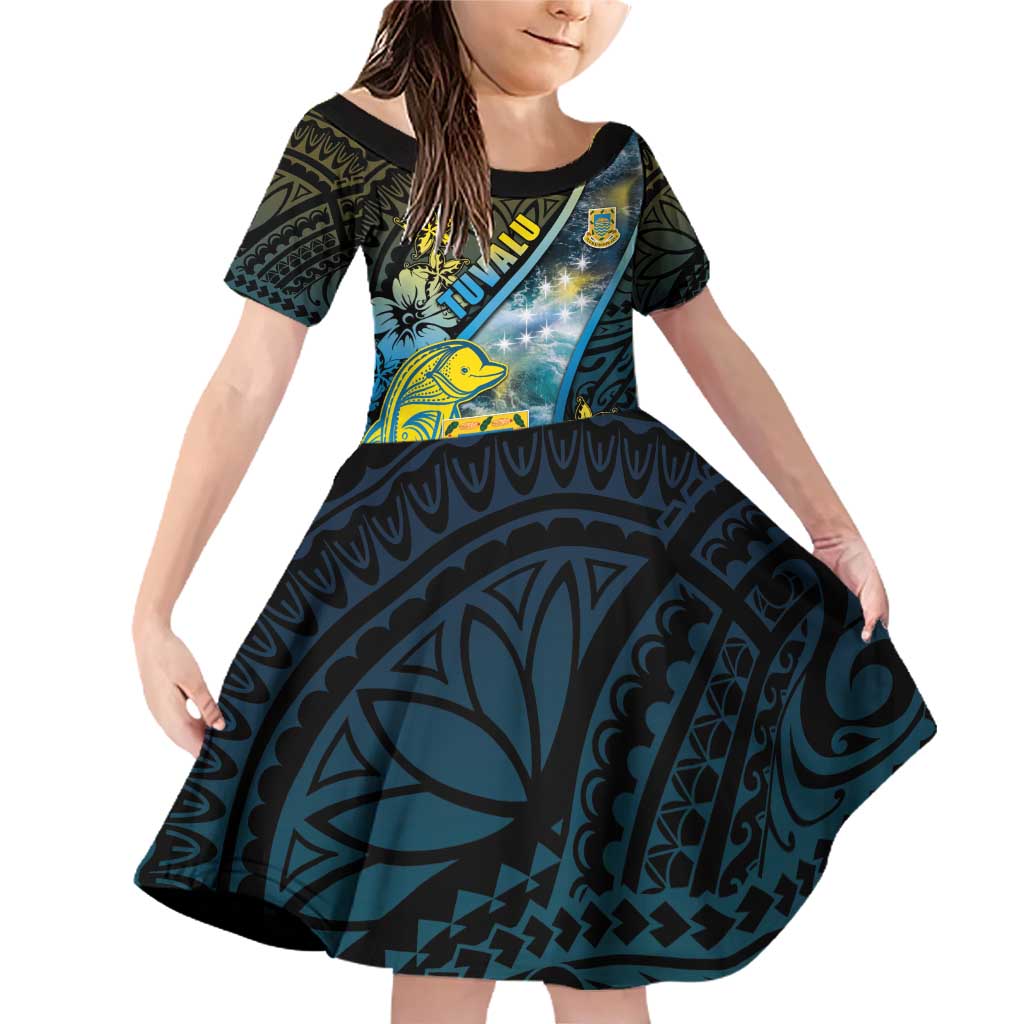 Personalised Tuvalu Family Matching Off Shoulder Short Dress and Hawaiian Shirt Dolphin On The Waves