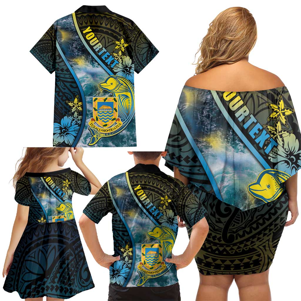 Personalised Tuvalu Family Matching Off Shoulder Short Dress and Hawaiian Shirt Dolphin On The Waves