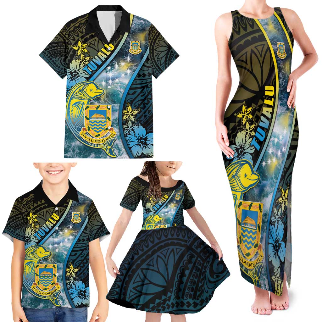 Personalised Tuvalu Family Matching Tank Maxi Dress and Hawaiian Shirt Dolphin On The Waves