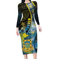 Personalised Tuvalu Long Sleeve Bodycon Dress Dolphin On The Waves DT05 Long Dress Blue - Polynesian Pride