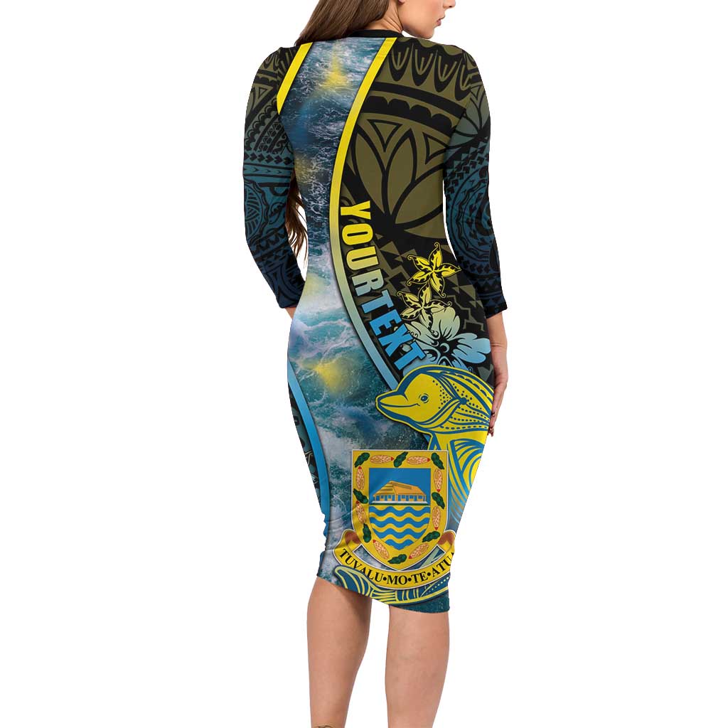Personalised Tuvalu Long Sleeve Bodycon Dress Dolphin On The Waves DT05 - Polynesian Pride