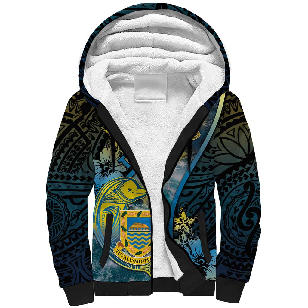 Personalised Tuvalu Sherpa Hoodie Dolphin On The Waves