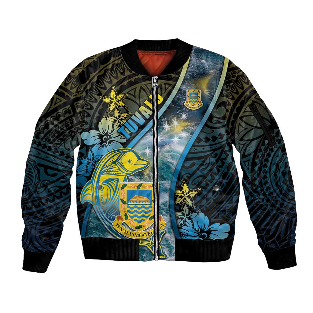 Personalised Tuvalu Sleeve Zip Bomber Jacket Dolphin On The Waves