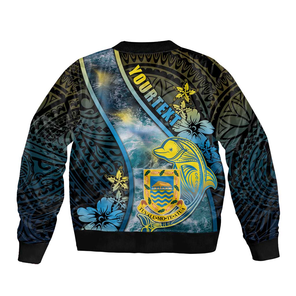 Personalised Tuvalu Sleeve Zip Bomber Jacket Dolphin On The Waves