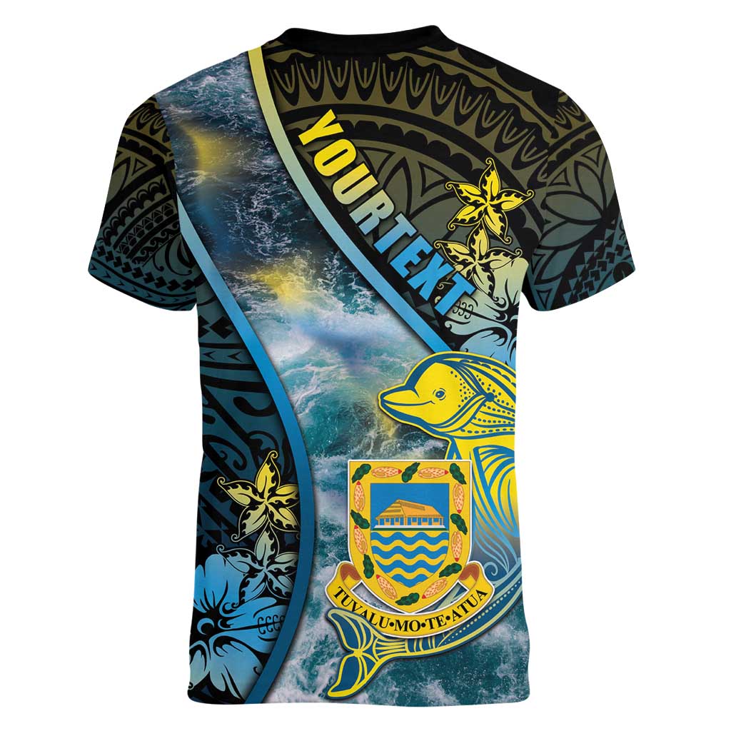 Personalised Tuvalu Women V-Neck T-Shirt Dolphin On The Waves