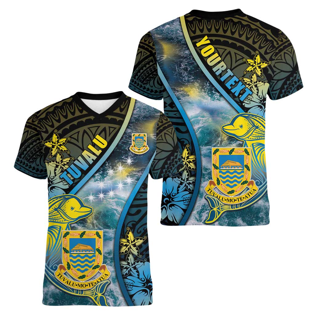 Personalised Tuvalu Women V-Neck T-Shirt Dolphin On The Waves