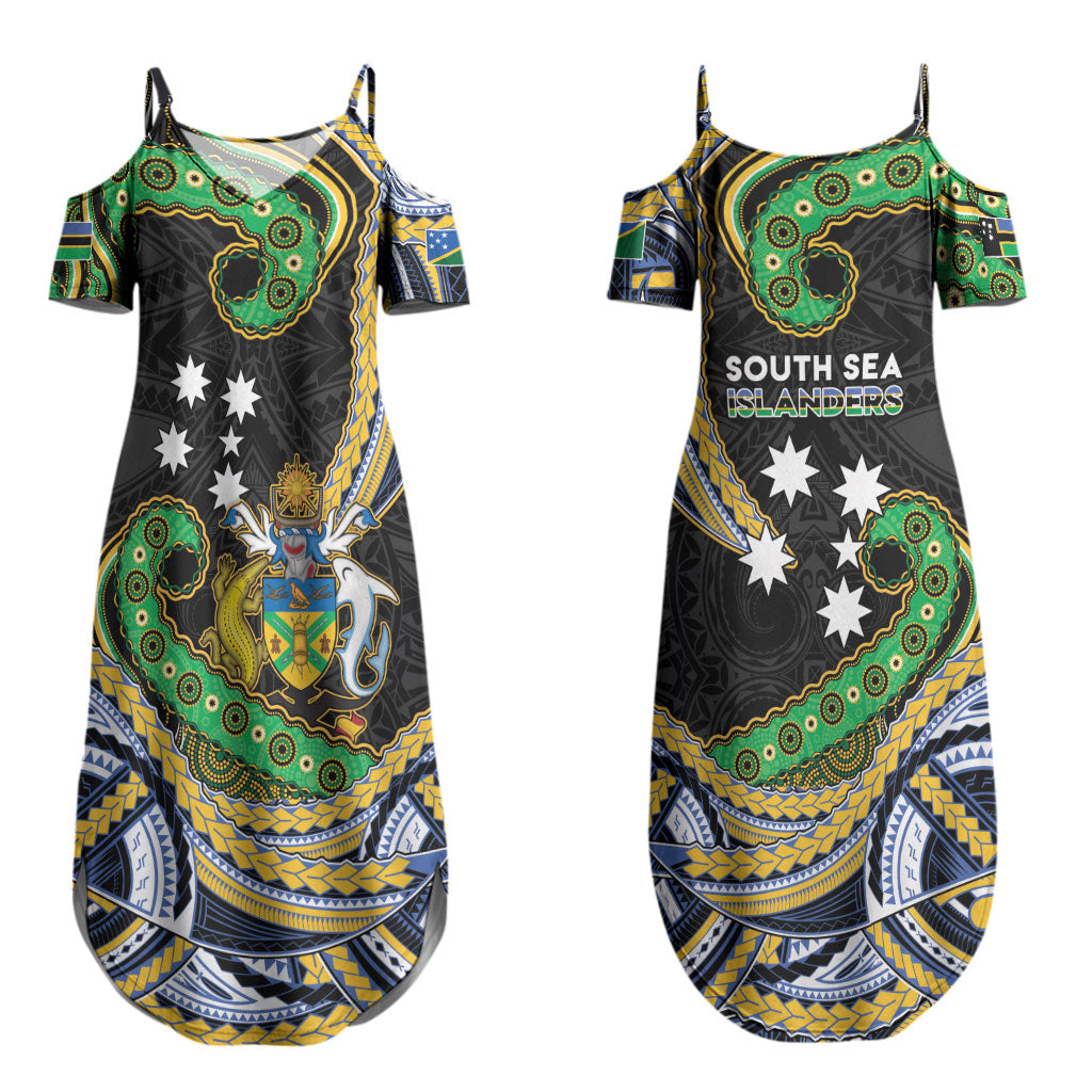 South Sea Islanders And Solomon Islands Couples Matching Summer Maxi Dress and Long Sleeve Button Shirt Solomons Coat Of Arms And Southern Cross DT05 - Polynesian Pride