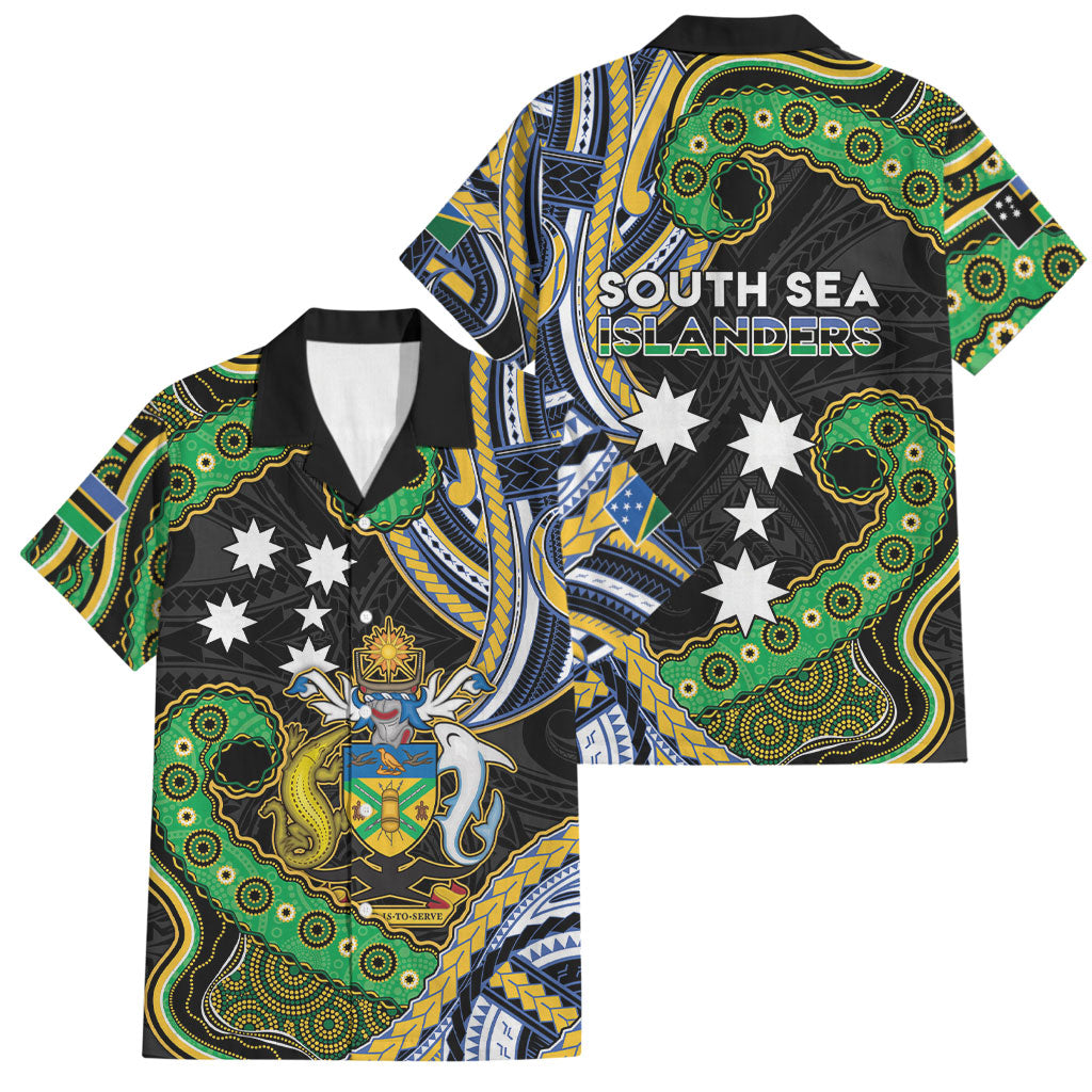 South Sea Islanders And Solomon Islands Family Matching Tank Maxi Dress and Hawaiian Shirt Solomons Coat Of Arms And Southern Cross DT05 Dad's Shirt - Short Sleeve Black - Polynesian Pride
