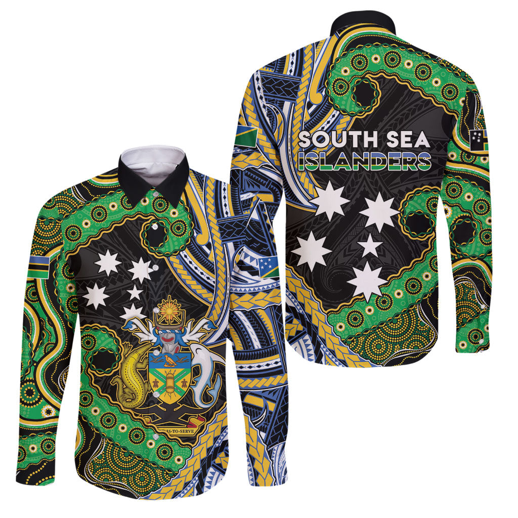 South Sea Islanders And Solomon Islands Family Matching Tank Maxi Dress and Hawaiian Shirt Solomons Coat Of Arms And Southern Cross DT05 Dad's Shirt - Long Sleeve Black - Polynesian Pride