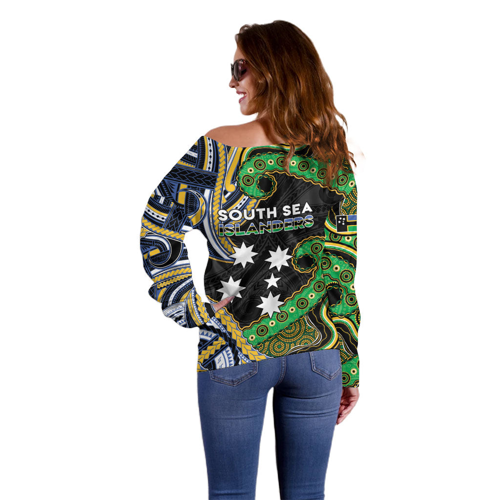 South Sea Islanders And Solomon Islands Off Shoulder Sweater Solomons Coat Of Arms And Southern Cross DT05 - Polynesian Pride