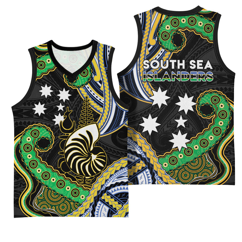 South Sea Islanders And New Caledonia Basketball Jersey Nautilus Shell Southern Cross Tribal Pattern DT05 - Polynesian Pride