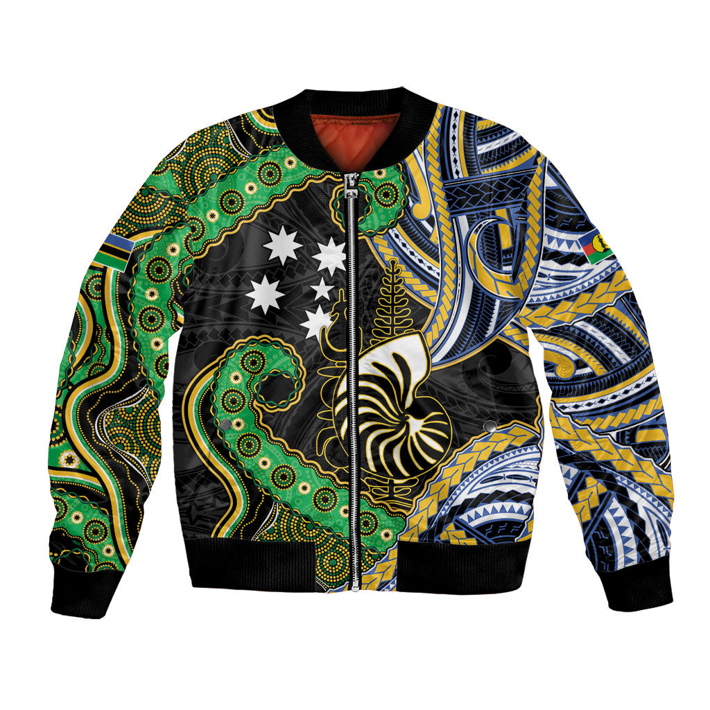 South Sea Islanders And New Caledonia Bomber Jacket Nautilus Shell Southern Cross Tribal Pattern DT05 Unisex Black - Polynesian Pride