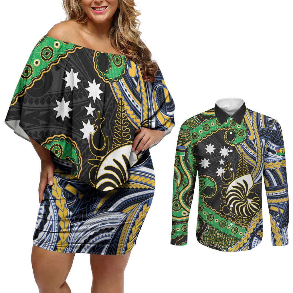 South Sea Islanders And New Caledonia Couples Matching Off Shoulder Short Dress and Long Sleeve Button Shirt Nautilus Shell Southern Cross Tribal Pattern DT05 Black - Polynesian Pride