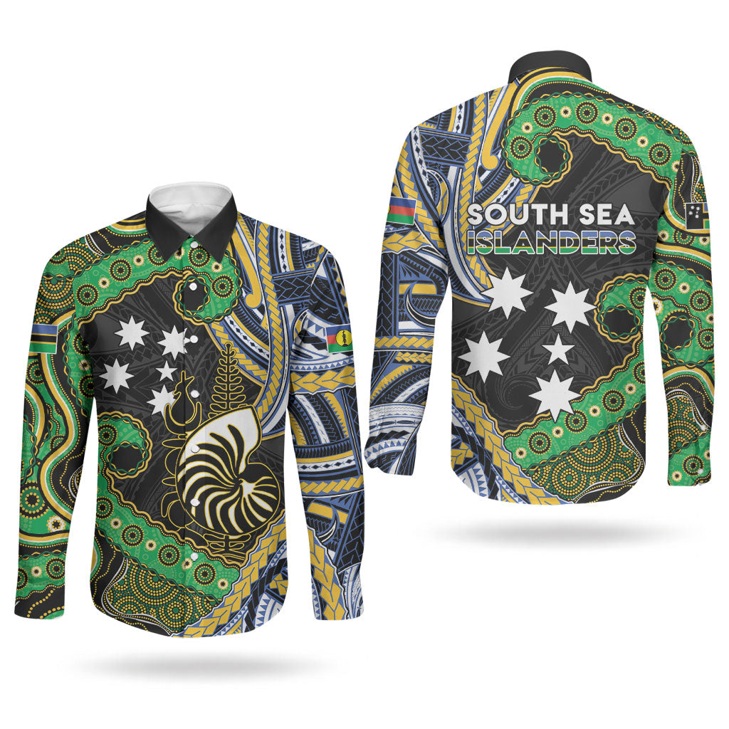 South Sea Islanders And New Caledonia Couples Matching Off Shoulder Short Dress and Long Sleeve Button Shirt Nautilus Shell Southern Cross Tribal Pattern DT05 - Polynesian Pride