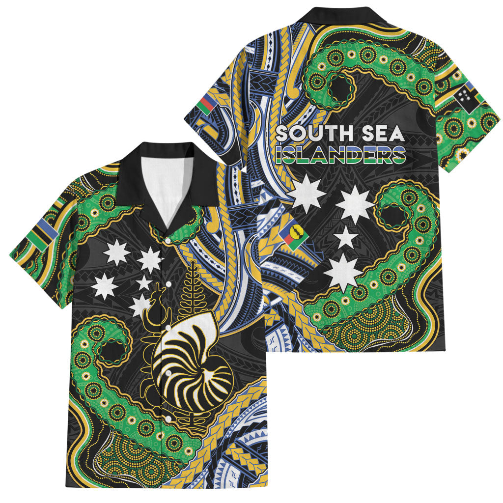 South Sea Islanders And New Caledonia Family Matching Long Sleeve Bodycon Dress and Hawaiian Shirt Nautilus Shell Southern Cross Tribal Pattern DT05 Dad's Shirt - Short Sleeve Black - Polynesian Pride