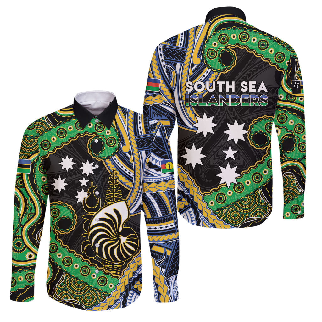 South Sea Islanders And New Caledonia Family Matching Off The Shoulder Long Sleeve Dress and Hawaiian Shirt Nautilus Shell Southern Cross Tribal Pattern DT05 Dad's Shirt - Long Sleeve Black - Polynesian Pride